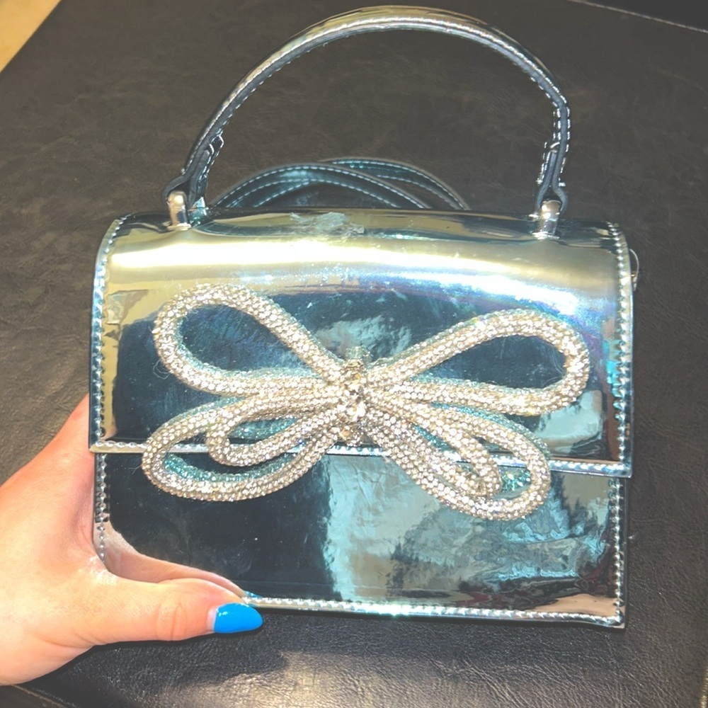 ALDO CHROME BLUE RHINESTONE BOW MINI CROSSBODY BAG TEAL - Picture 7 of 8